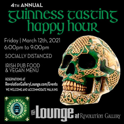 A green skull with St Patrick's symbols and pattern with info about a Guinness Tasting